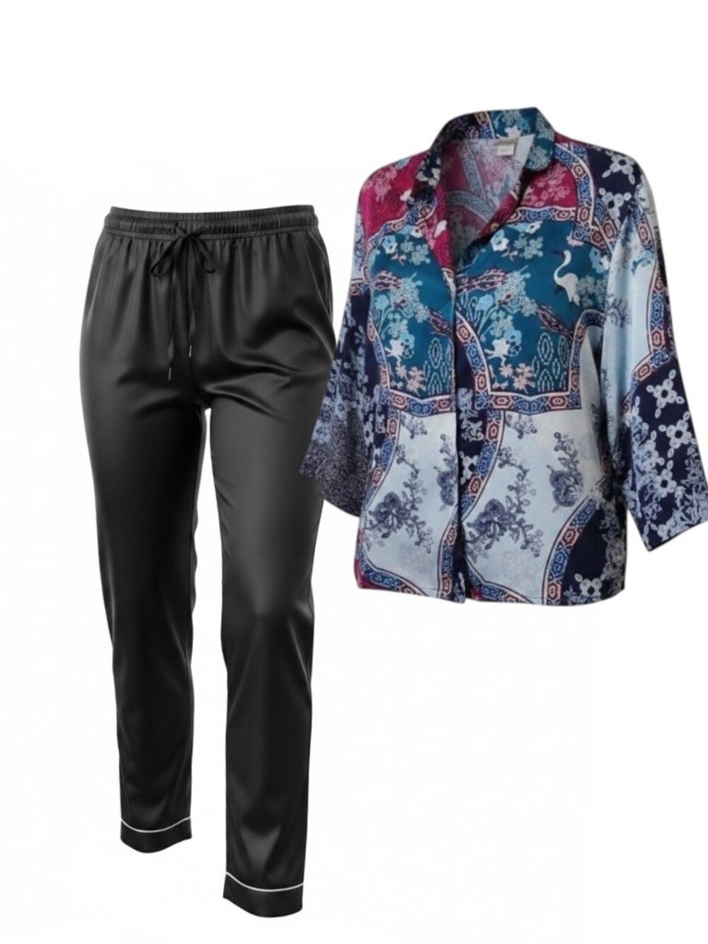 Natori Floral & Crane Satin Pajama Top &, Black, Satin Bottoms Large